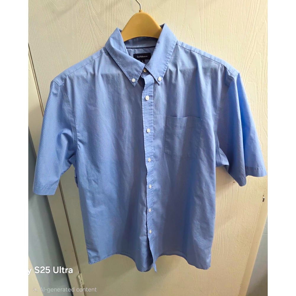 Croft & Barrow Mens Shirt L Blue Striped Short Sleeve Button-Up Pocket preppy